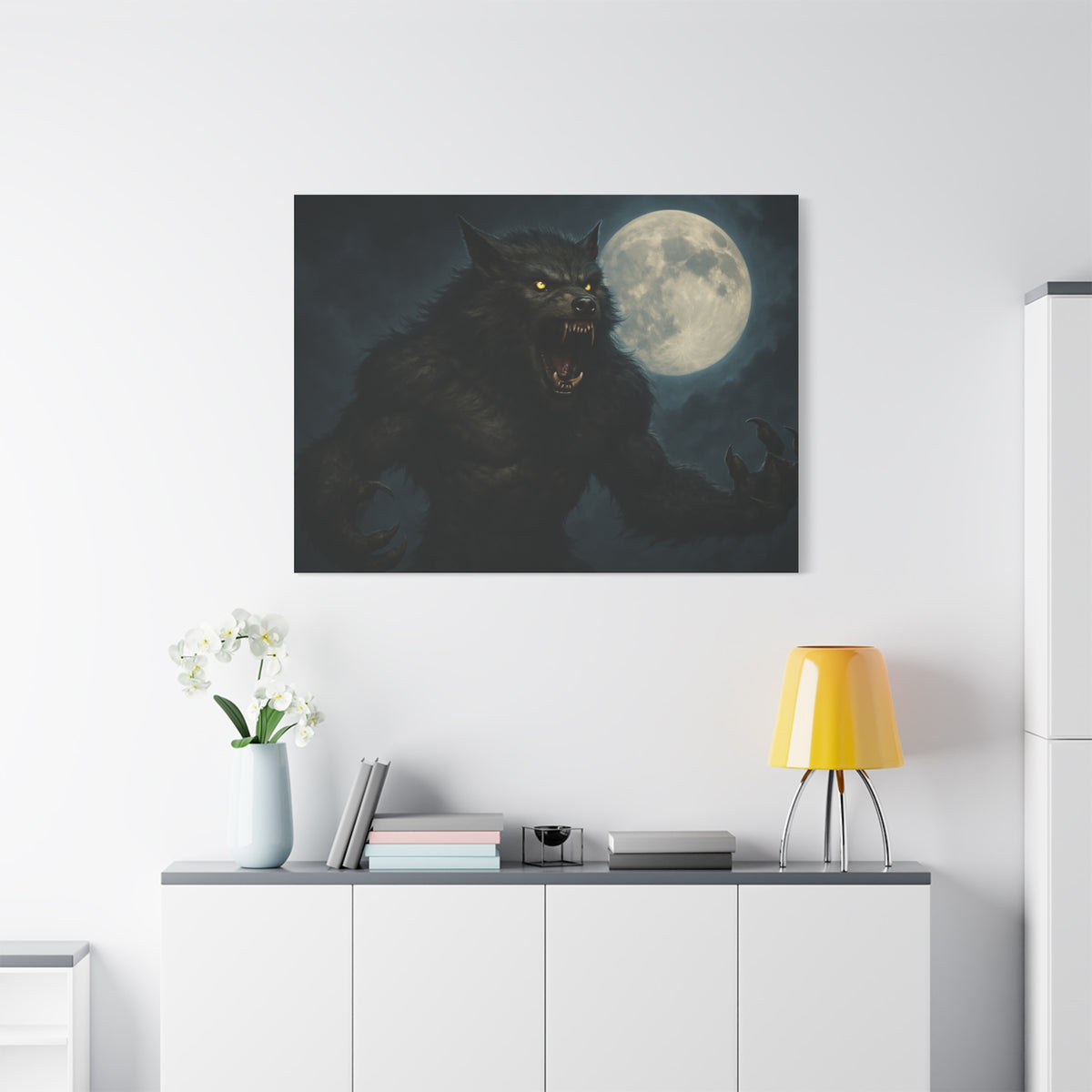 Werewolf Moon matte canvas print featuring a spooky full moon, ideal for wall art and home decor.