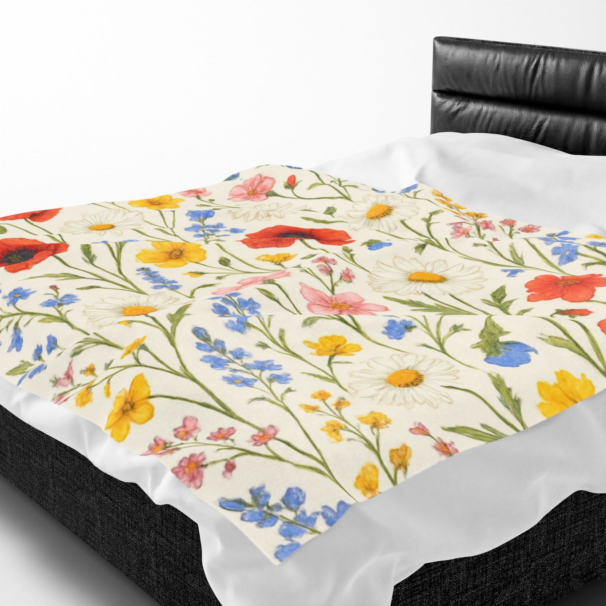 Velvet plush blanket with all-over poppy daisy floral print, Wildflower Meadow design by Printify.