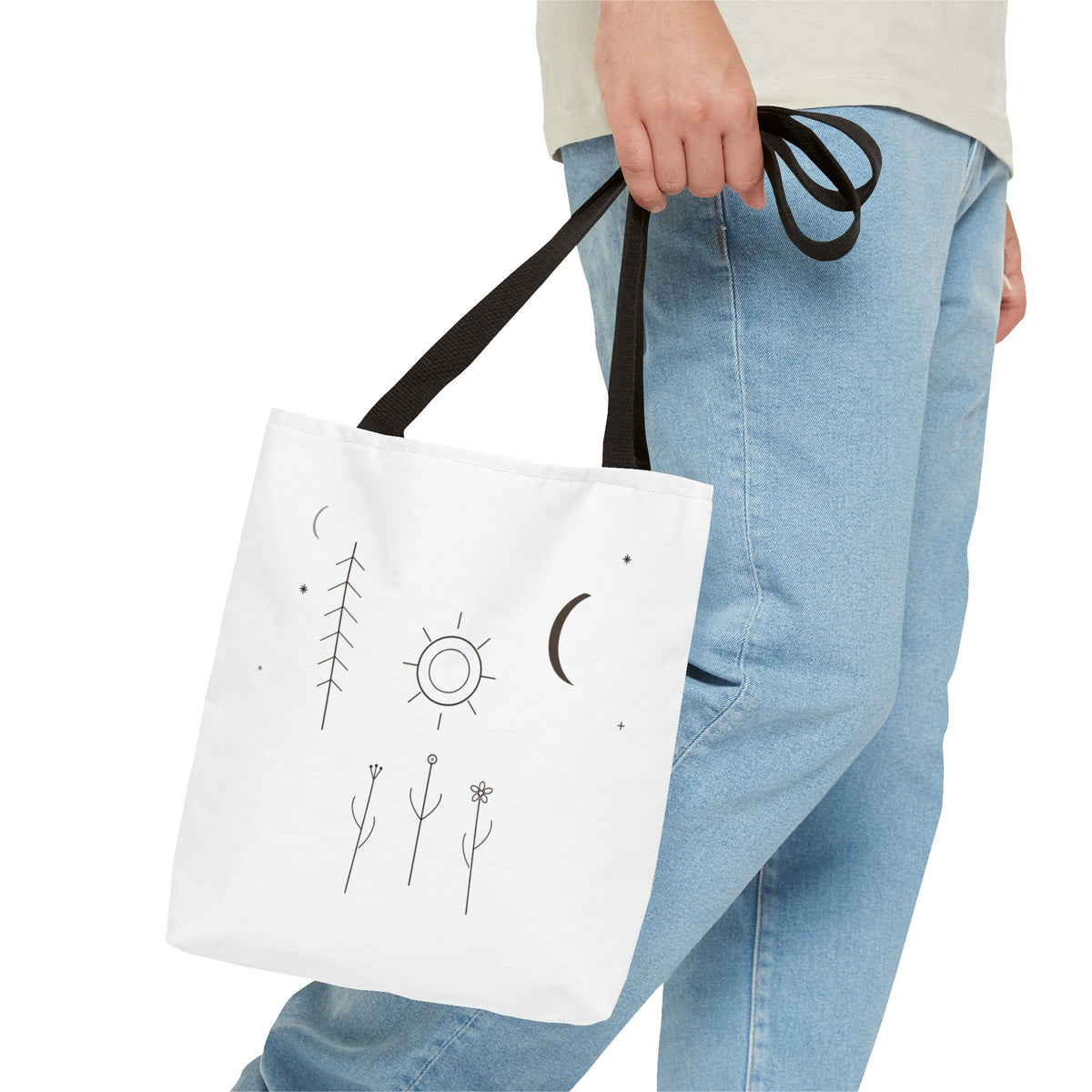 Minimal moon and sun celestial tote bag with line art design, featuring botanical accents, by Printify.