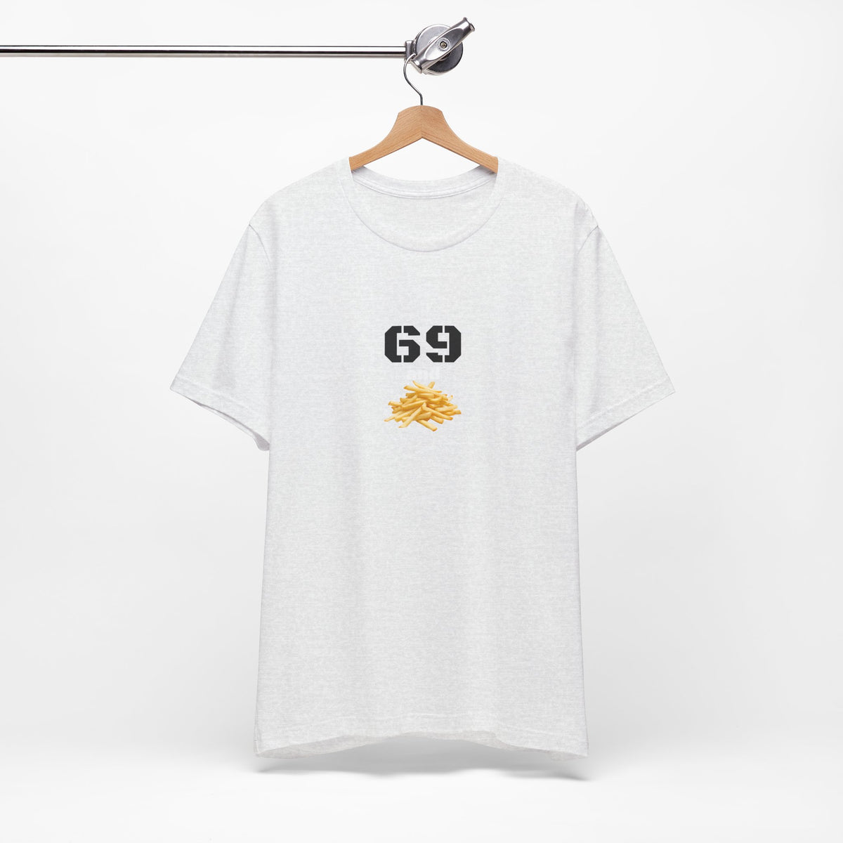 Unisex graphic T-shirt featuring a humorous 69 and French fries design in bold print, casual style from Printify.