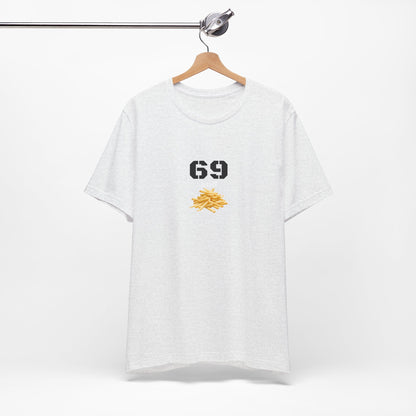 Unisex graphic T-shirt featuring a humorous 69 and French fries design in bold print, casual style from Printify.