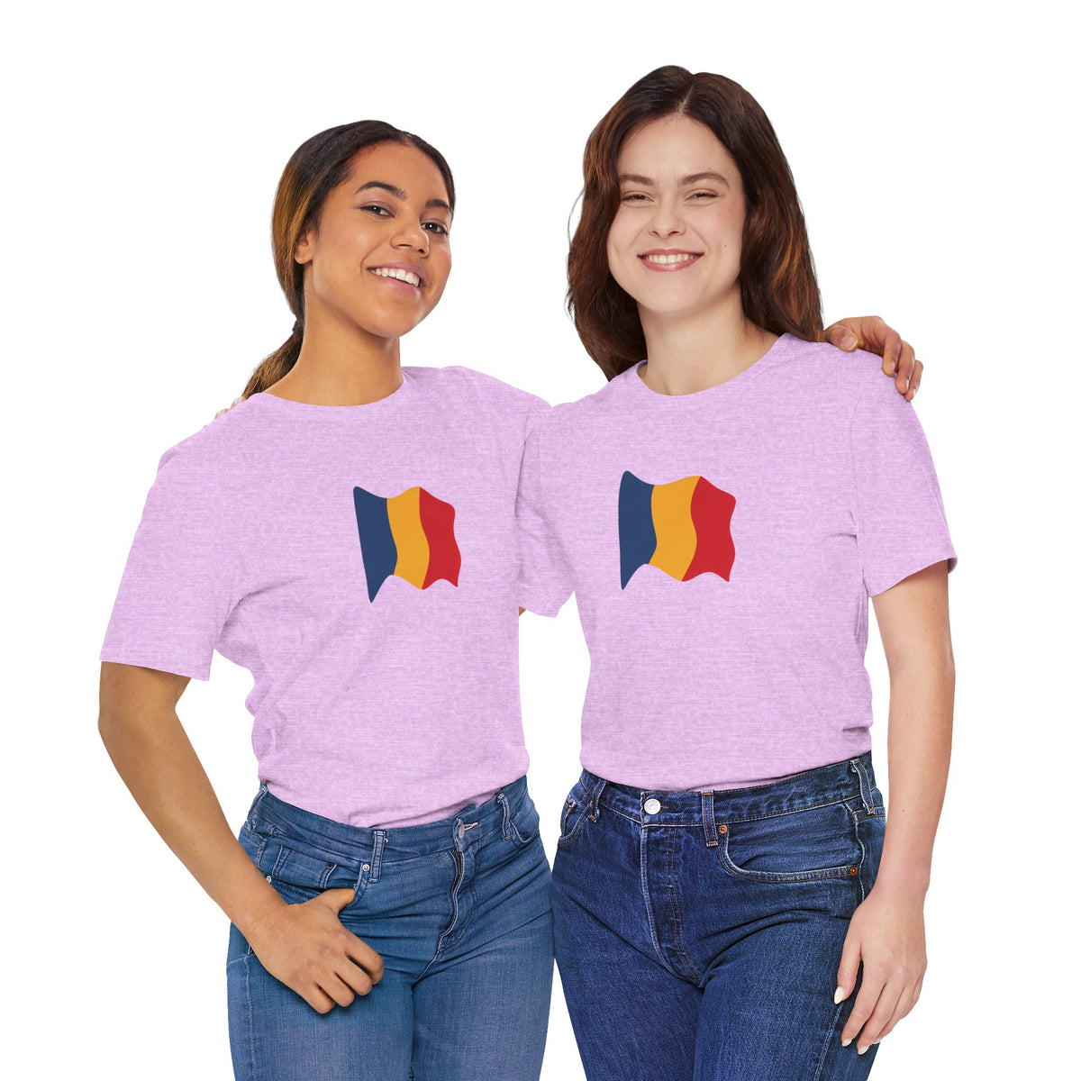 Romania flag T-shirt with minimal waving tricolor design, casual unisex tee by Printify featuring blue, yellow, and red stripes.