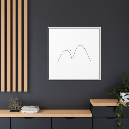 Framed minimalist mountain line art on matte canvas, modern wall decor by Printify, featuring simple mountain outlines in black.
