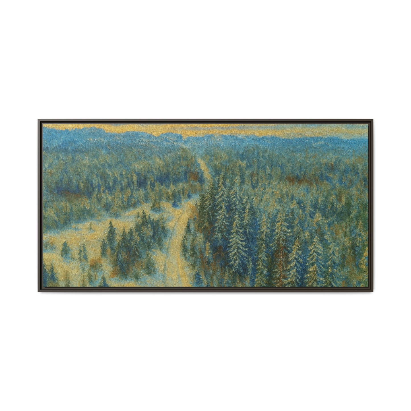 Framed matte canvas print of a peaceful winter forest landscape by Printify, showcasing snow-covered trees and serene natural scenery.