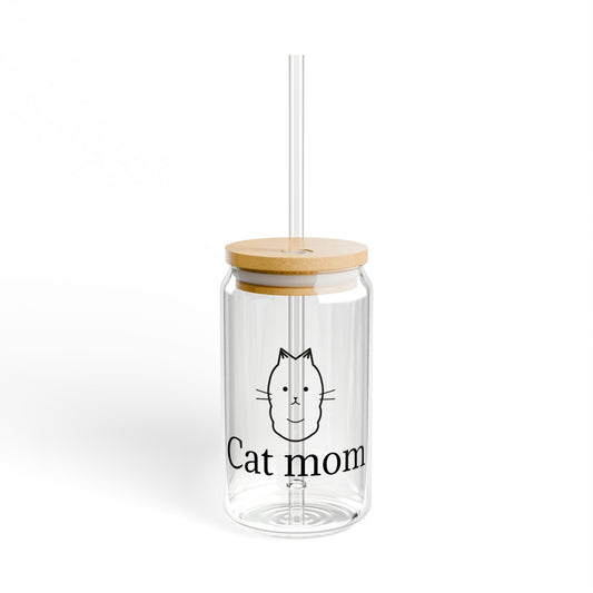 16oz Cat Mom sipper glass tumbler with straw, featuring cute cat lover design, perfect for cat moms and coffee or tea.