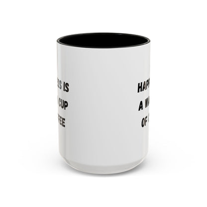 White ceramic coffee mug with "Happiness Is A Warm Cup Of Coffee" printed in black text, featuring a smooth handle and glossy finish.