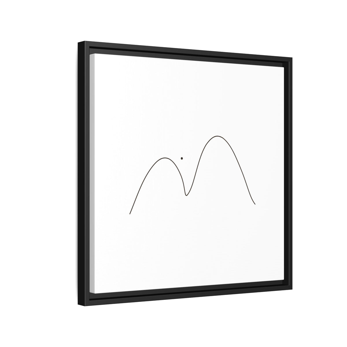 Framed minimalist mountain line art print on matte canvas by Printify, featuring simple black mountain outlines on a white background.