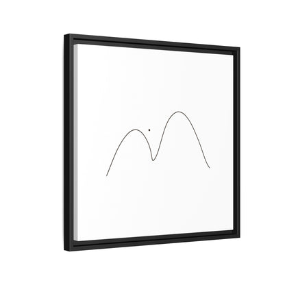 Framed minimalist mountain line art print on matte canvas by Printify, featuring simple black mountain outlines on a white background.