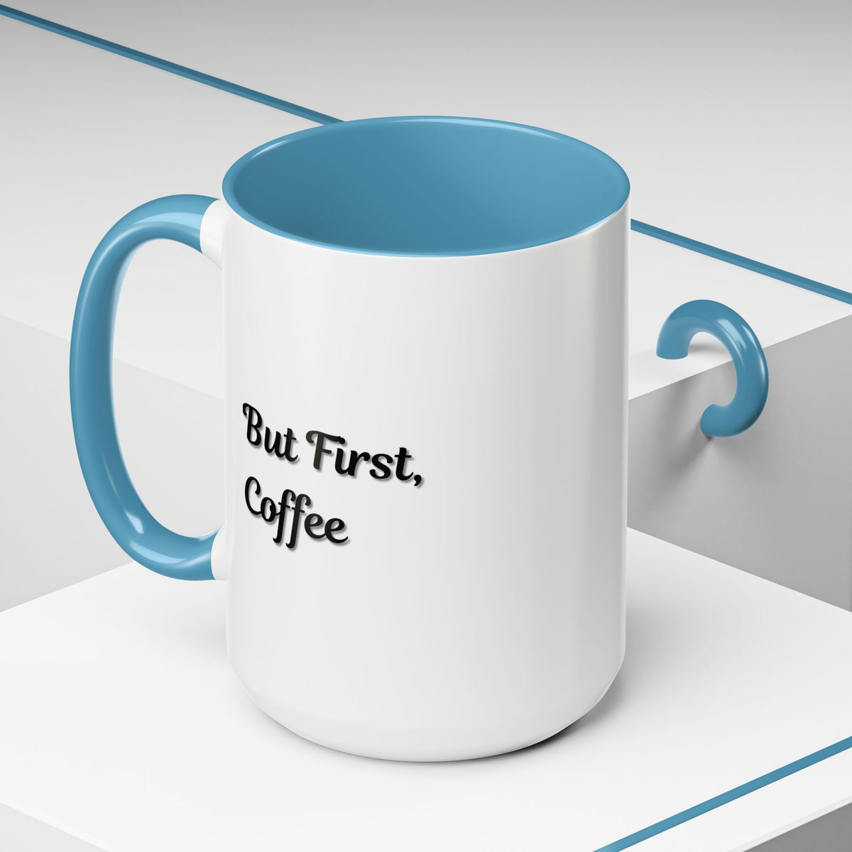 Black handle and rim coffee mug with "But First Coffee" print, 11oz size, by Printify, on a white background.