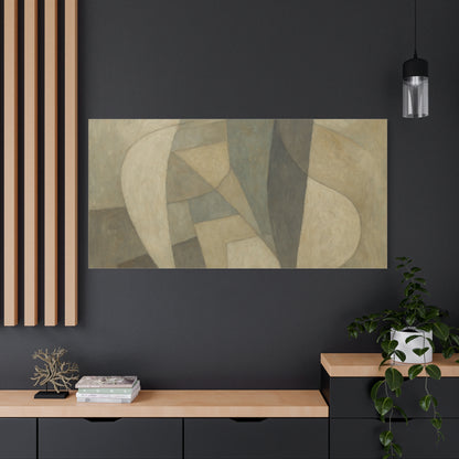 Abstract neutral geometric shapes on matte canvas, featuring modern design with gray, beige, and white tones.