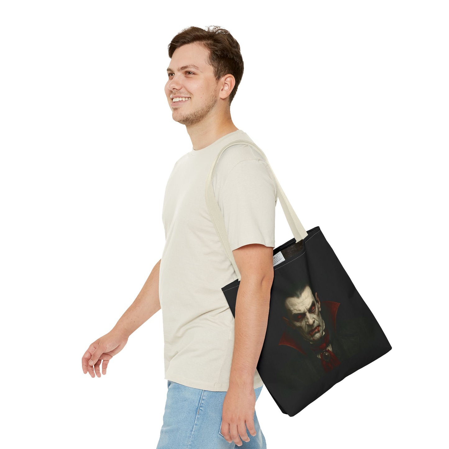 Vampire-themed gothic tote bag with spooky Halloween design, made by Printify, featuring a dark, spooky illustration on a durable bag.