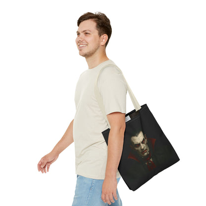Vampire-themed gothic tote bag with spooky Halloween design, made by Printify, featuring a dark, spooky illustration on a durable bag.
