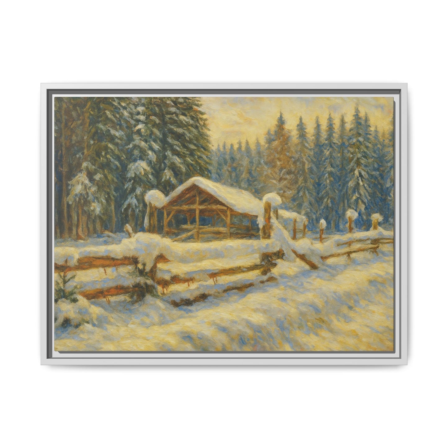 Snowy cabin winter landscape canvas wall art by Printify, featuring a cozy mountain scene with snow-covered trees and a rustic cabin.