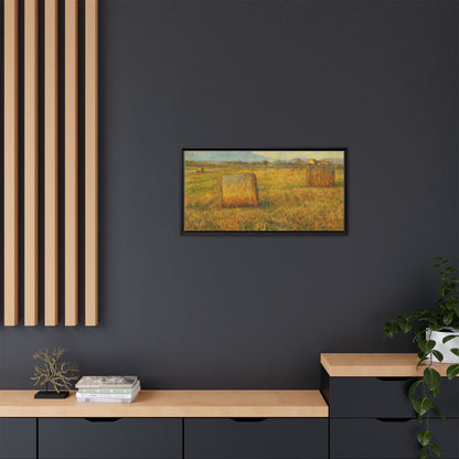 Framed matte canvas wall art featuring a rustic hayfield landscape print by Printify, ideal for farmhouse or countryside decor.