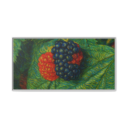 Blackberry still life canvas print by Printify, featuring a detailed framed artwork of ripe blackberries on a textured canvas.