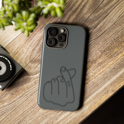 Silicone phone case with embossed Korean finger heart design, compatible with smartphones, by Printify.