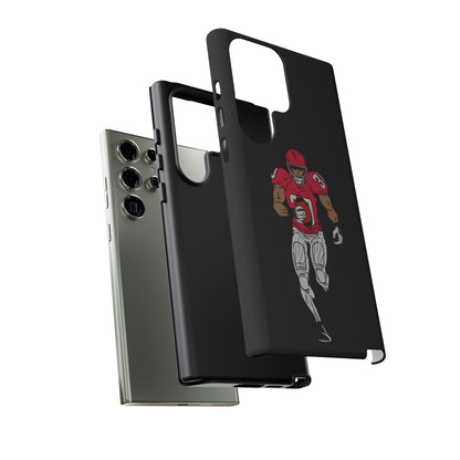 Black football player tough phone case for iPhone, protective sports-themed case with a dynamic athletic design.