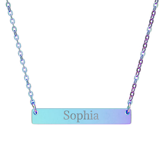 Personalized engraved bar necklace with custom horizontal name pendant, stylish accessories by Printify.