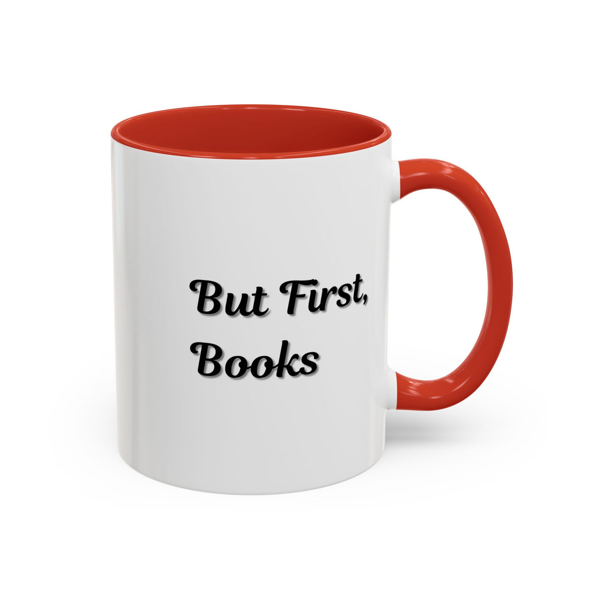 Printify "But First, Books" coffee mug featuring a book lover design in 11oz size, ideal for reading enthusiasts.