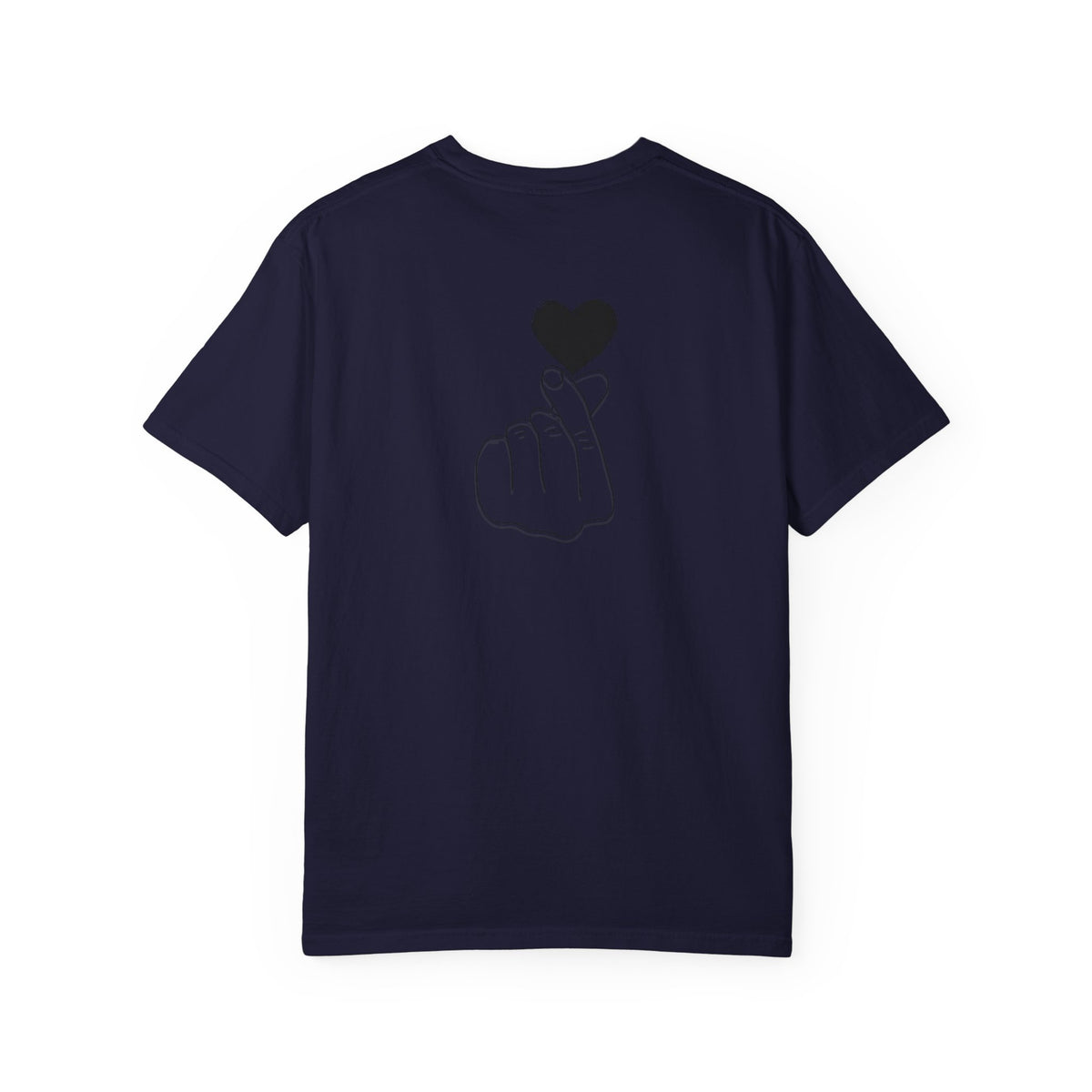 Black T-shirt with a minimal white finger heart graphic, casual style, by Printify.