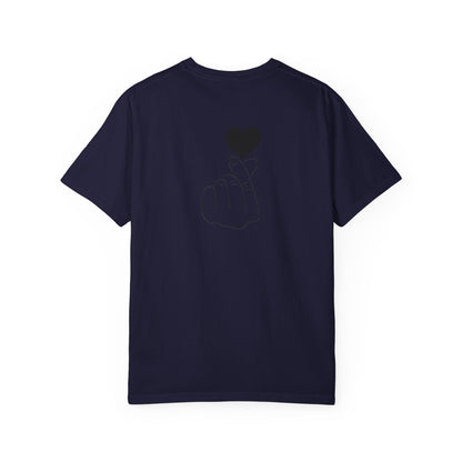 Black T-shirt with a minimal white finger heart graphic, casual style, by Printify.