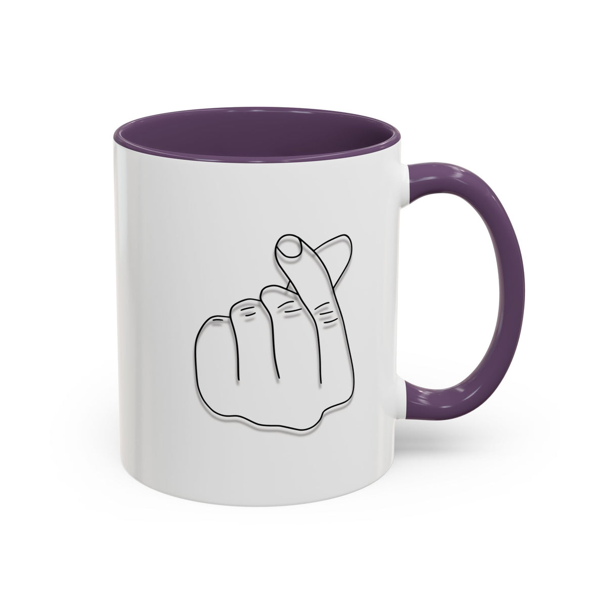 Minimal Korean finger heart accent mug by Printify, 11oz or 15oz ceramic coffee mug with simple design and clean white finish.