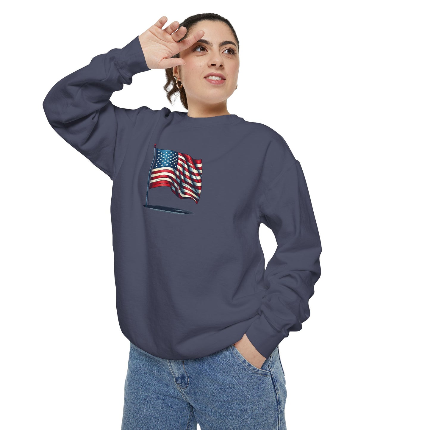 Patriotic Unisex Garment-Dyed Sweatshirt with Vintage American Flag, Cozy Fall Outfit, Statement Sweater, Gift for Veterans, Casual Fashion - TRV
