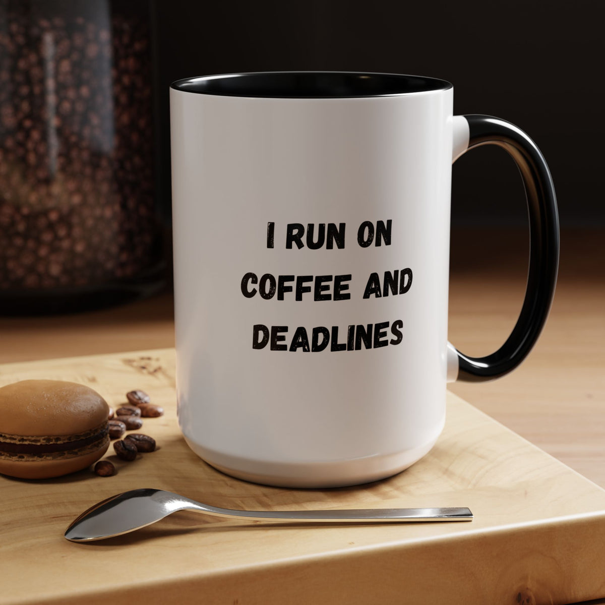 White ceramic coffee mug with "I Run on Coffee and Deadlines" print, featuring black text and a comfortable handle.