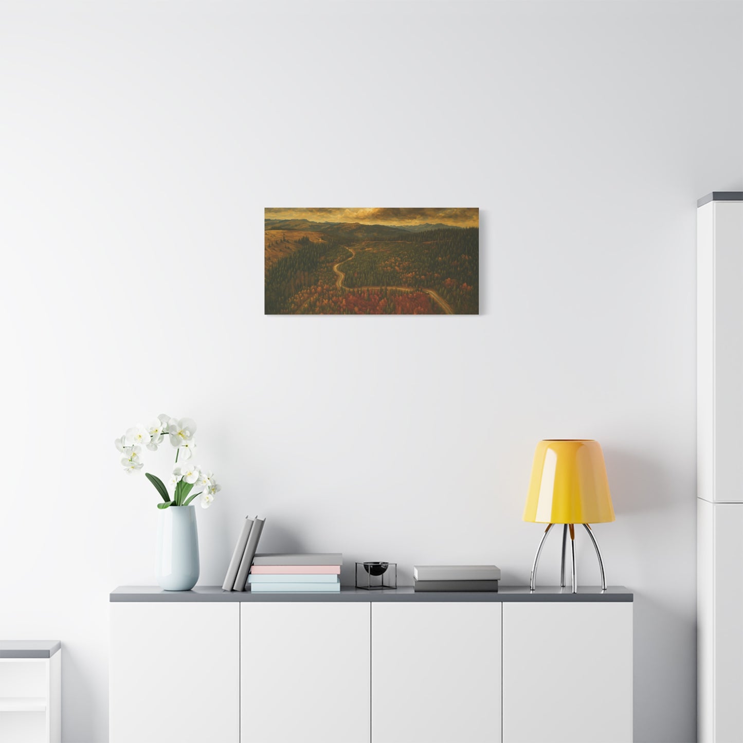 Moody forest landscape printed on Autumn Ridge Road matte stretched canvas wall art by Printify, showcasing a moody woodland scene.