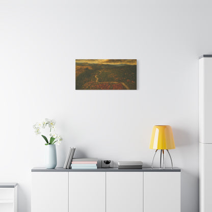Moody forest landscape printed on Autumn Ridge Road matte stretched canvas wall art by Printify, showcasing a moody woodland scene.
