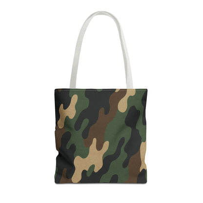 Camo pattern tote bag by Printify, all-over print canvas carryall with adjustable straps and spacious interior for daily use.