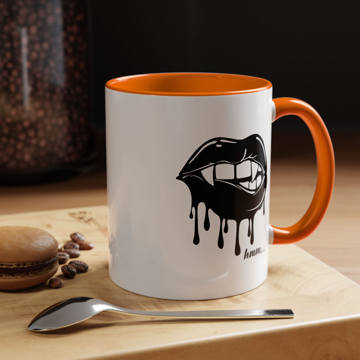 Black Dripping Lips accent coffee mug with Bite graphic, available in 11oz and 15oz sizes, by Printify.