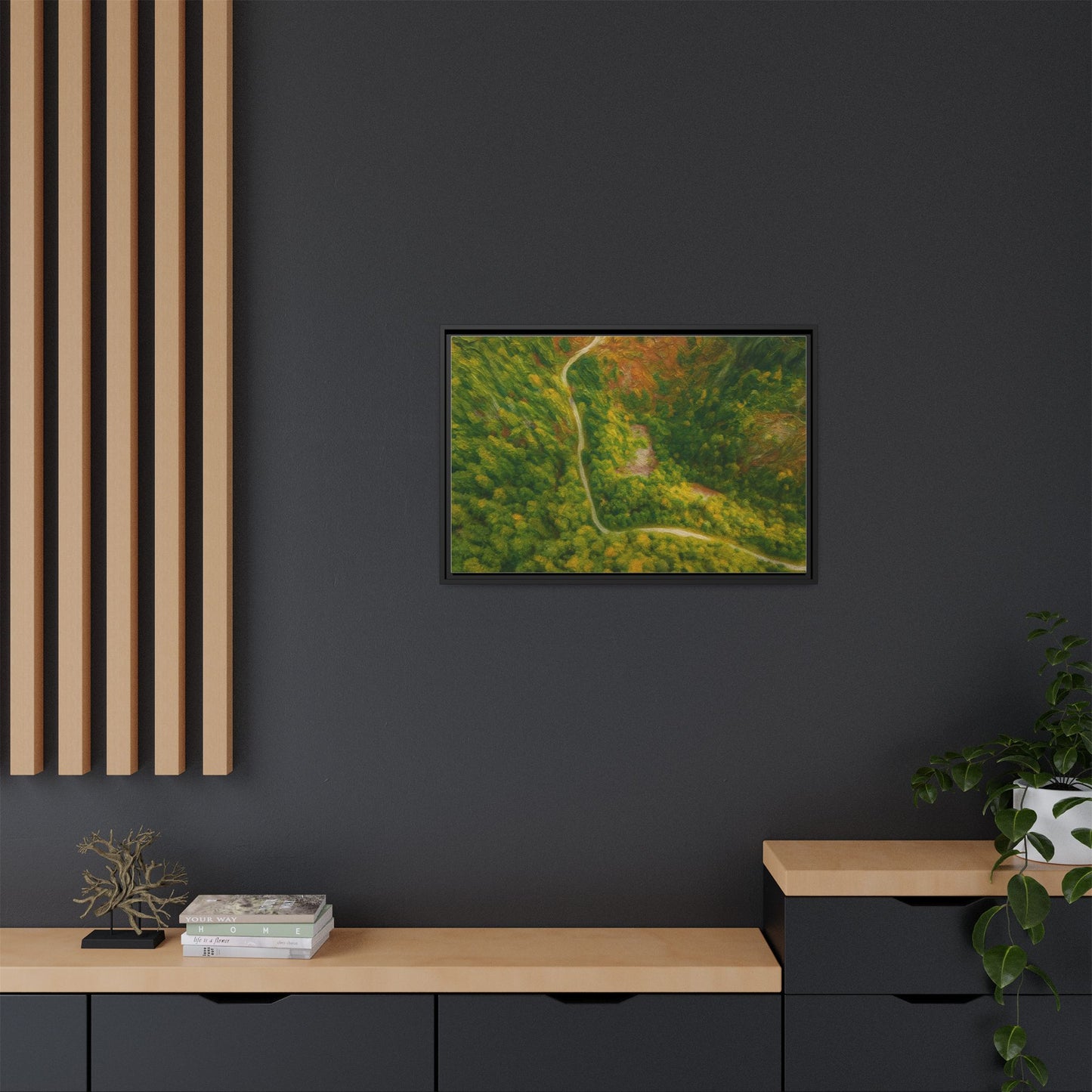 Colorful framed matte canvas wall art featuring a detailed aerial forest path landscape by Printify.