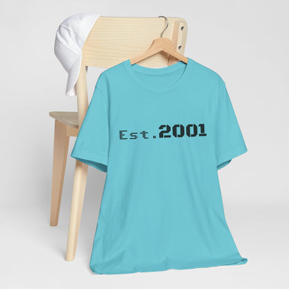 Retro minimalist Est. 2001 graphic T-shirt by Printify featuring a clean, stylish design on a casual cotton tee.