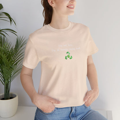 Eco-friendly mock T-shirt with humorous "I’m Not Lazy, I’m an Energy-Saving Mock" print, made by Printify.