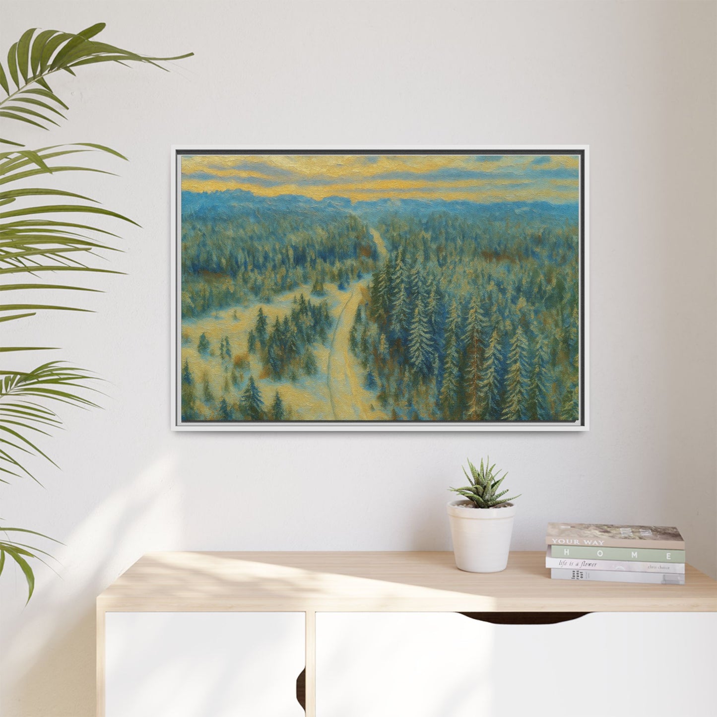 Framed matte canvas print of a serene winter forest landscape, showcasing snowy trees and peaceful winter scenery by Printify.
