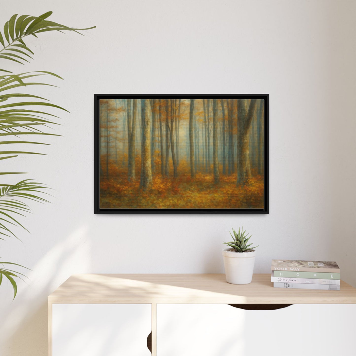 Framed Autumn Forest canvas print featuring a misty woodland scene, wall art designed by Printify for nature-inspired home decor.