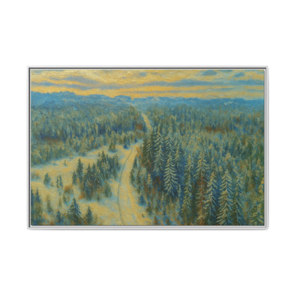 Framed matte canvas print of a serene winter forest landscape by Printify, showcasing snow-covered trees and peaceful scenery.