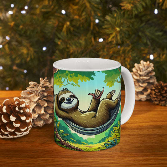 Printify Sloth Lovers mug featuring a cute jungle sloth design, perfect for nature fans and coffee lovers.