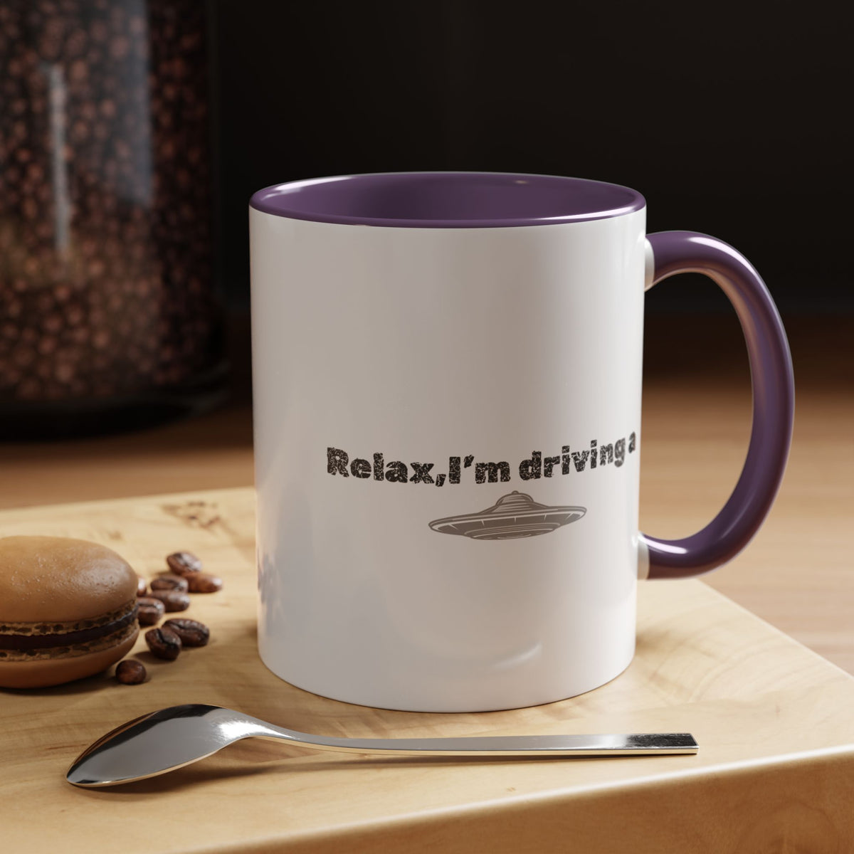 Ceramic coffee mug with "Relax, I’m Driving" UFO accent design, available in 11 or 15 oz, by Printify.