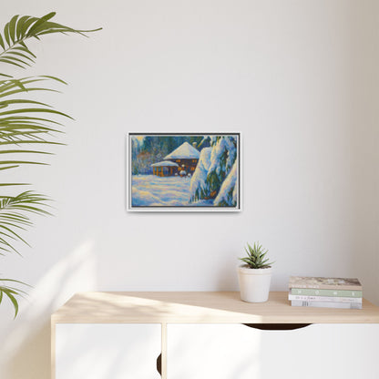 Framed matte canvas print of a snowy cabin winter landscape wall art by Printify, showcasing a cozy winter scene with trees and snow.