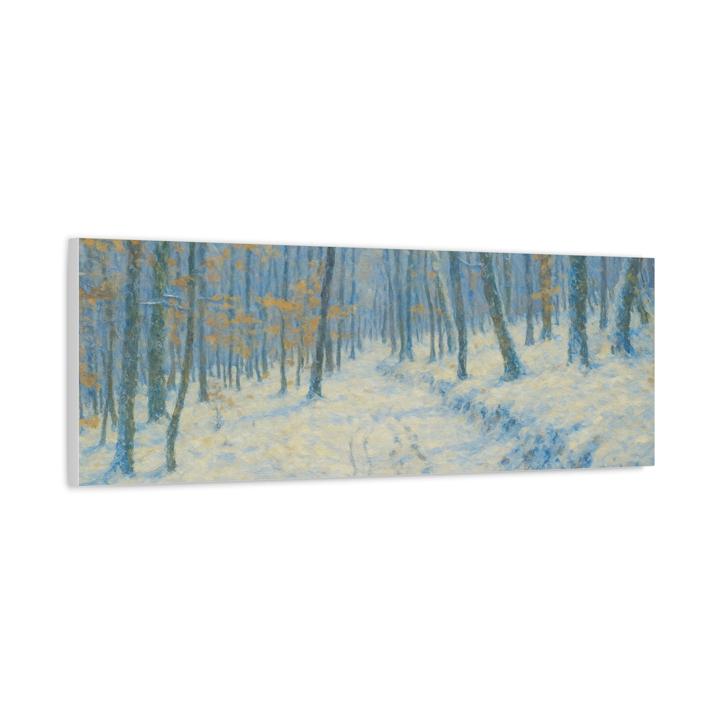 Winter Woodland canvas print by Printify featuring a snowy forest scene, matte finish, stretched wall art for winter decor.