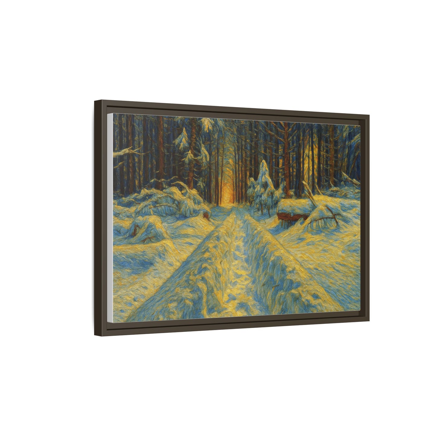 Framed matte canvas print of a snowy forest path at sunset, wall art by Printify showcasing winter landscape scenery.