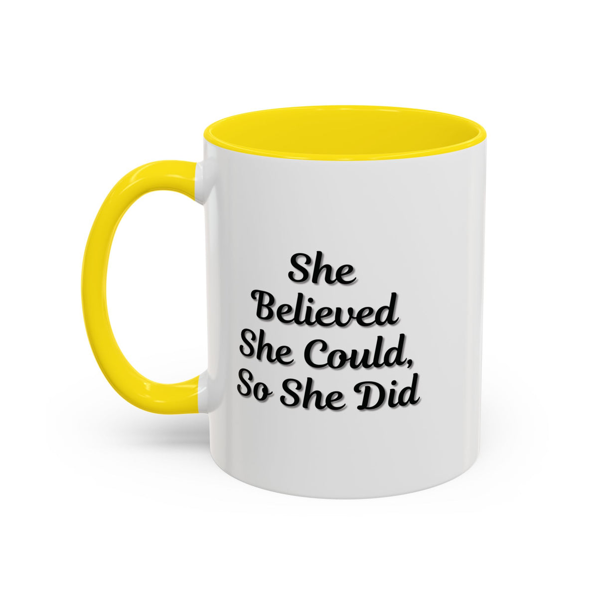 White ceramic motivational coffee mug with black text saying "She Believed She Could, So She Did" from Printify.