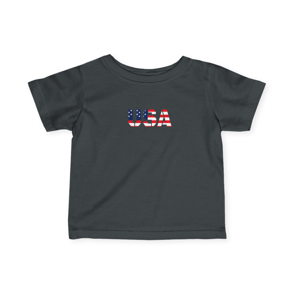 Infant baby shirt with USA flag block print, kids clothes by Printify, featuring a colorful patriotic design for young children.