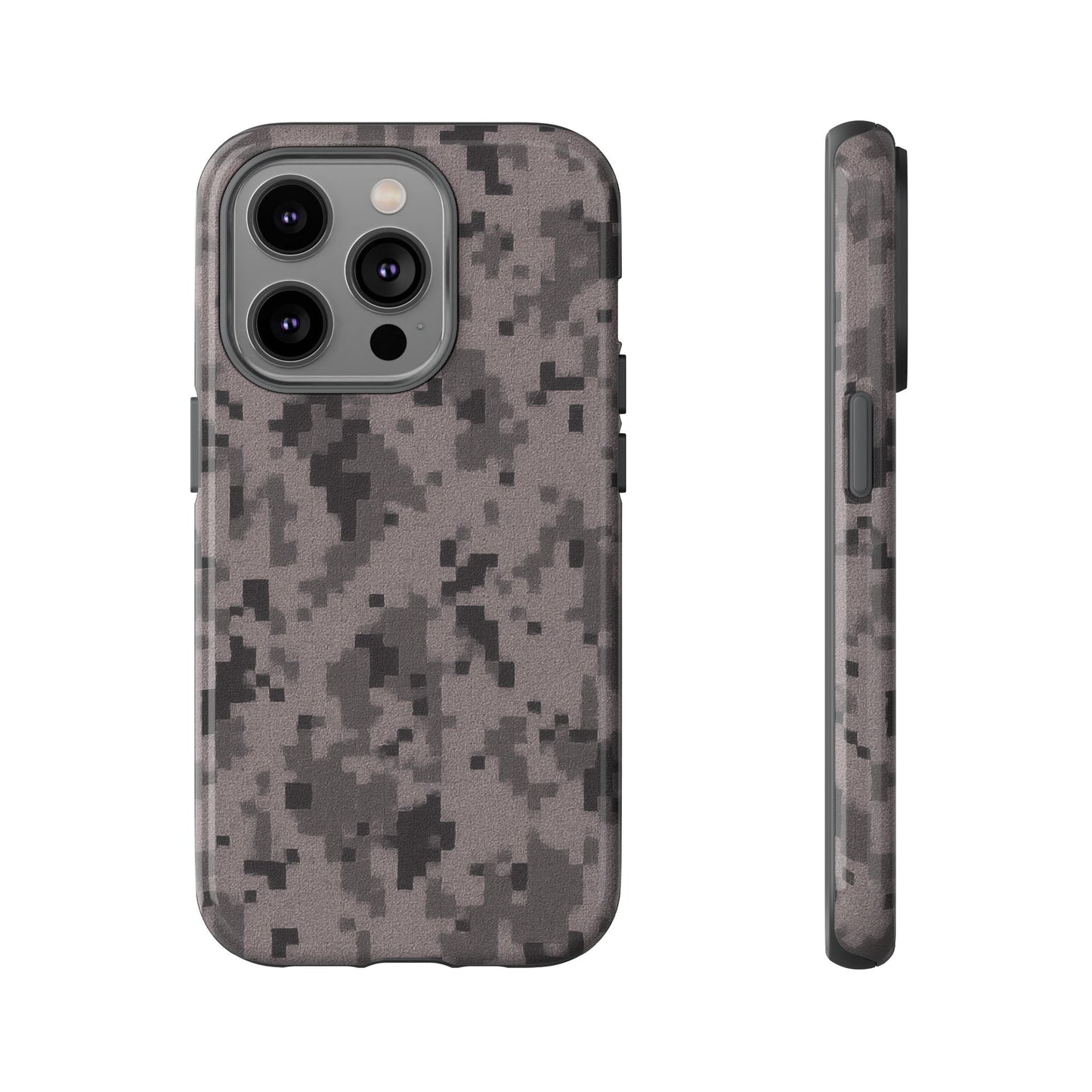 Gray digital camouflage phone case by Printify, tough protective cover with modern camo pattern for smartphones.