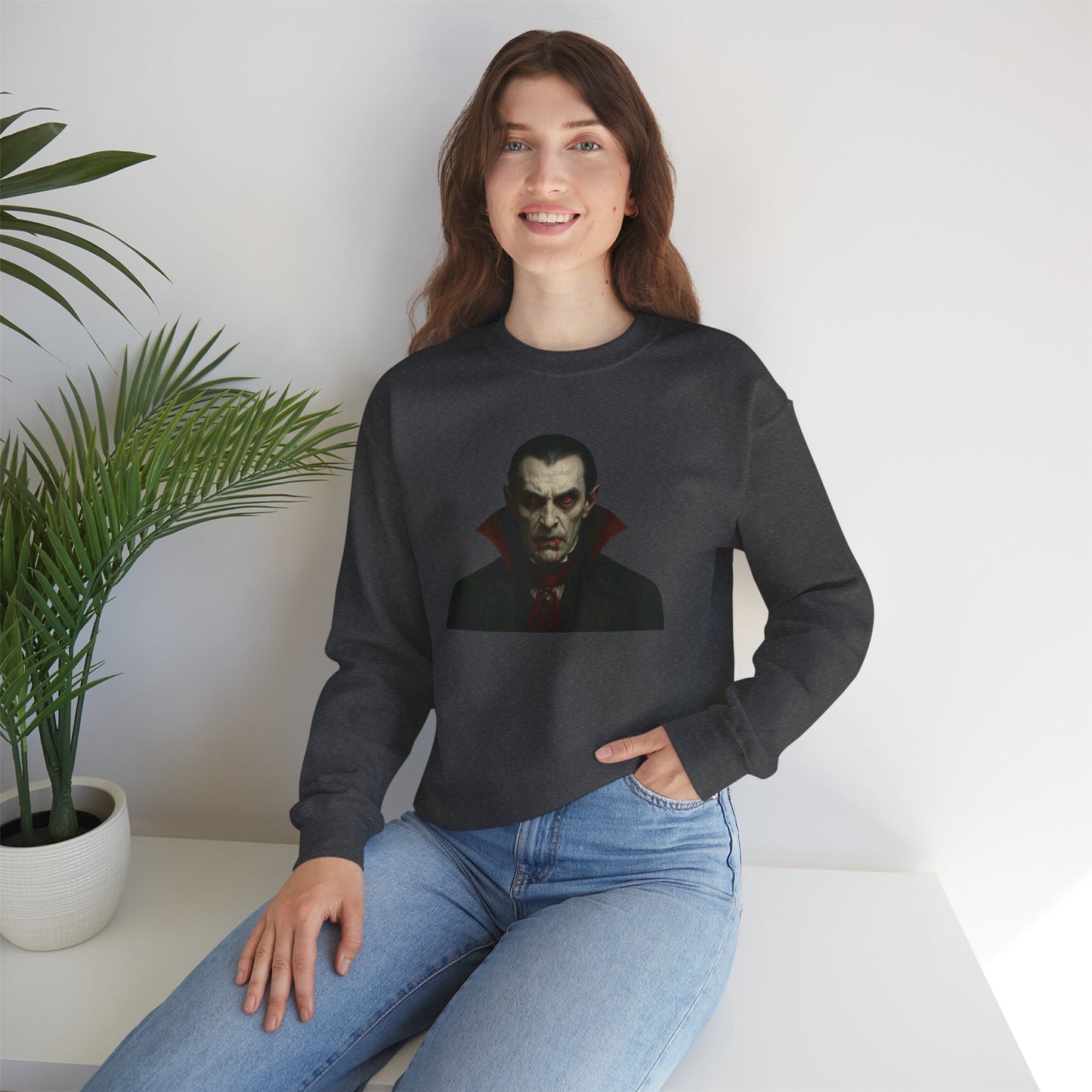 Black vampire portrait crewneck sweatshirt by Printify featuring a detailed vampire illustration on the front.