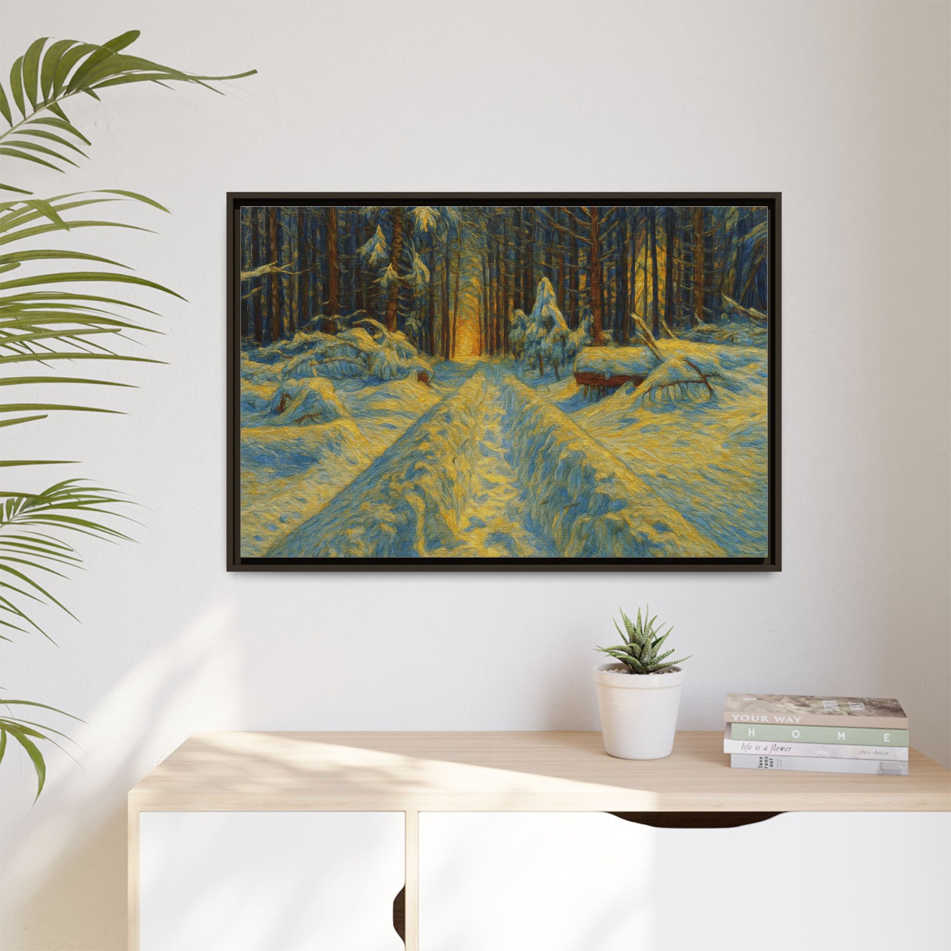 Framed matte canvas print of a snowy forest path at sunset, wall art by Printify showcasing winter landscape scenery.