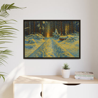 Framed matte canvas print of a snowy forest path at sunset, wall art by Printify showcasing winter landscape scenery.