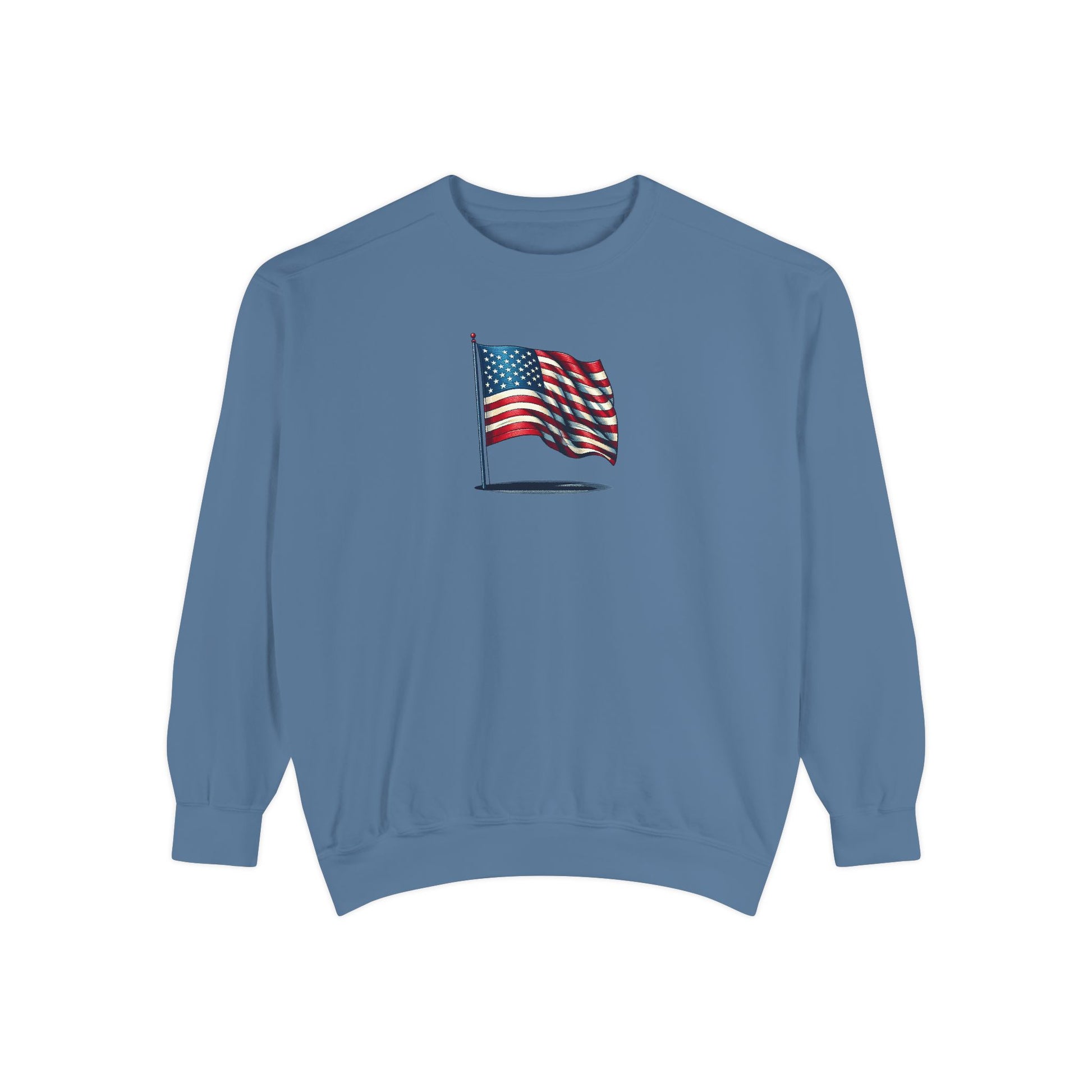 Patriotic Unisex Garment-Dyed Sweatshirt with Vintage American Flag, Cozy Fall Outfit, Statement Sweater, Gift for Veterans, Casual Fashion - TRV